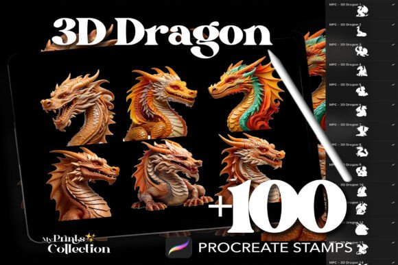 100 Procreate 3D Dragon Stamps