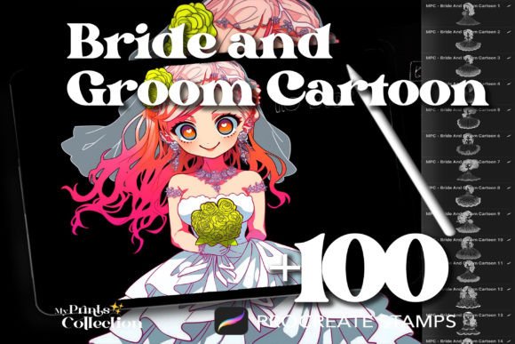 100 Procreate Bride and Groom Cartoon Stamps