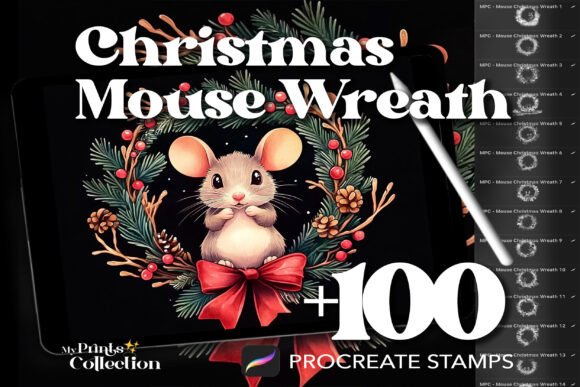 100 Procreate Mouse Christmas Wreath Stamps