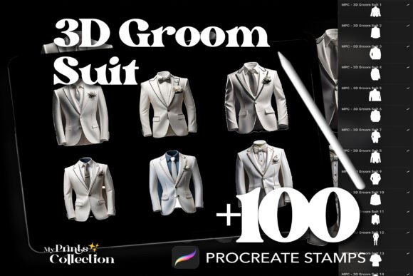 Elevate Your Wedding Artwork with 100 Procreate 3D Groom Suit Stamps